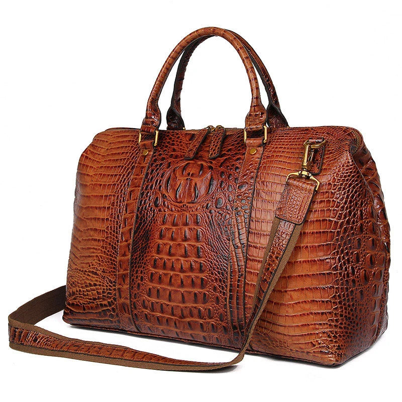Genuine Leather Travel Bag Croc Embossed Business Duffel 18in