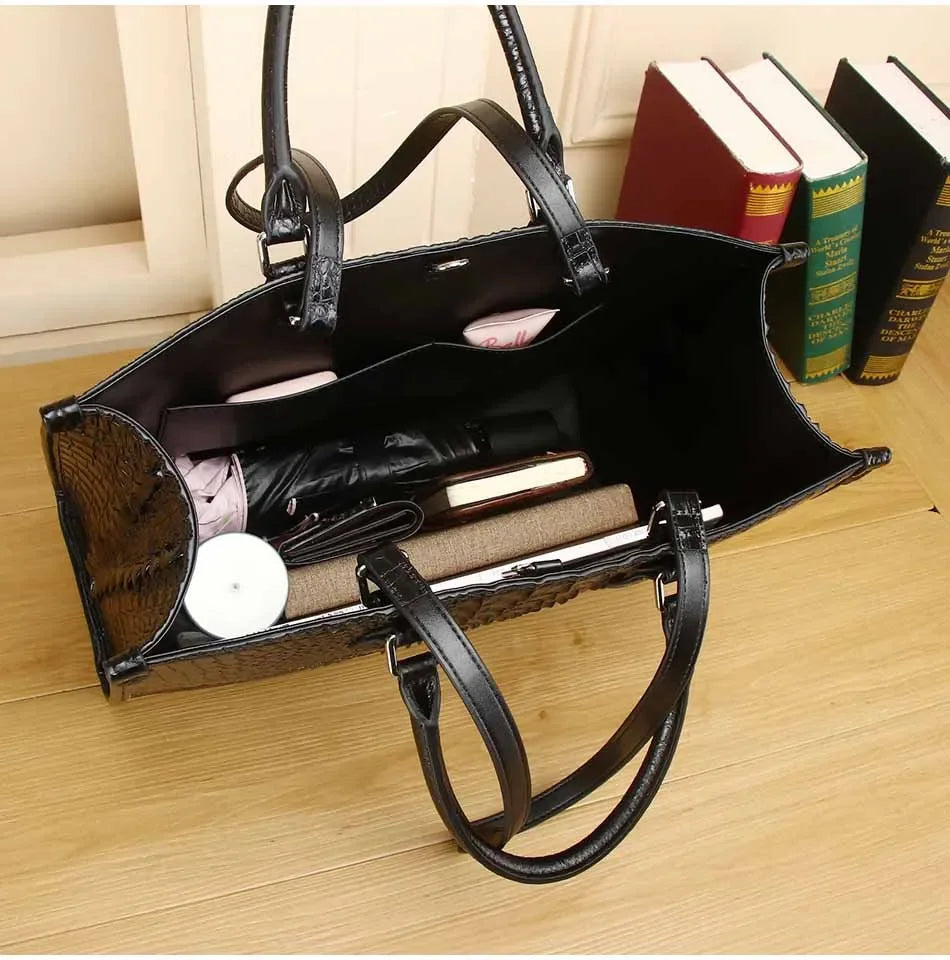 Women's Genuine Cowhide Handbag – Luxury Crocodile Pattern & Modern Design