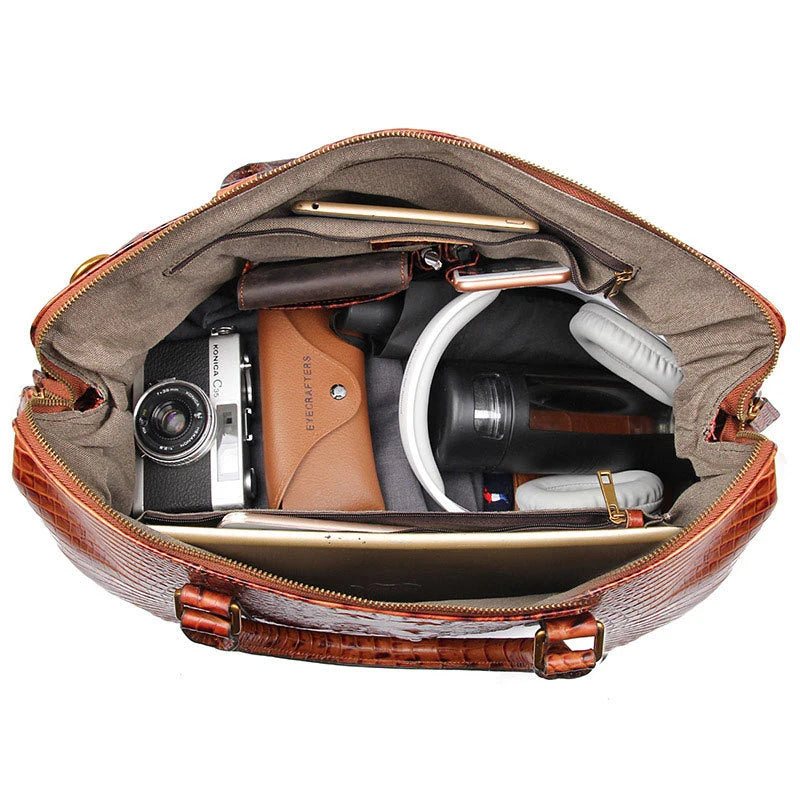 Genuine Leather Travel Bag Croc Embossed Business Duffel 18in