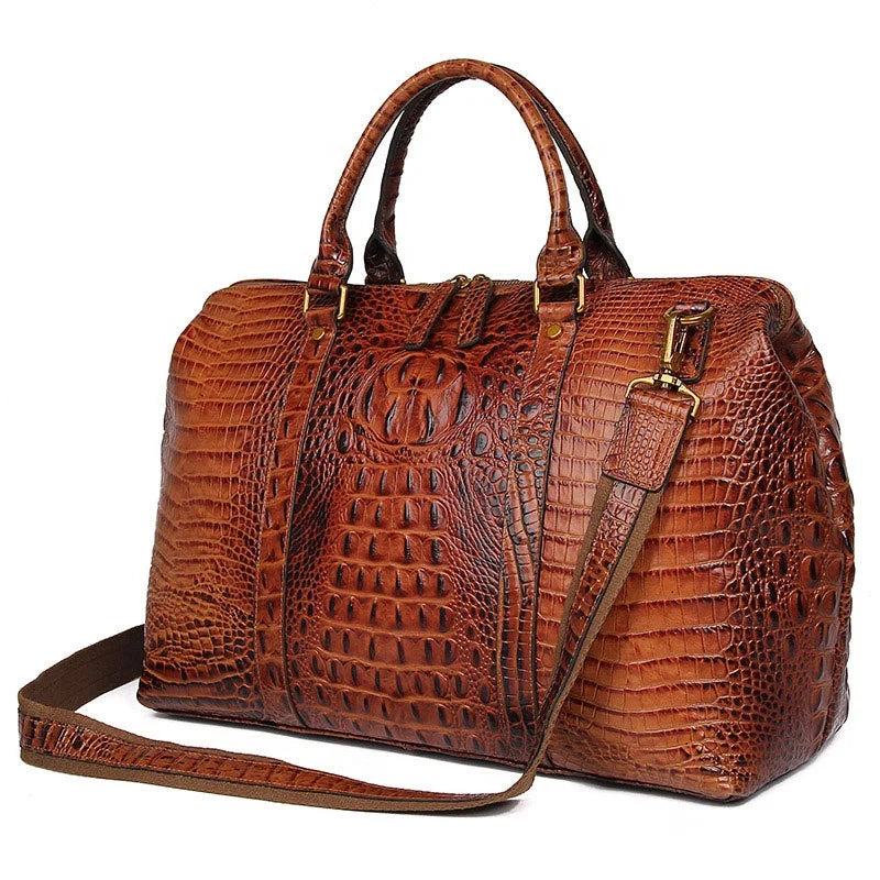 Genuine Leather Travel Bag Croc Embossed Business Duffel 18in