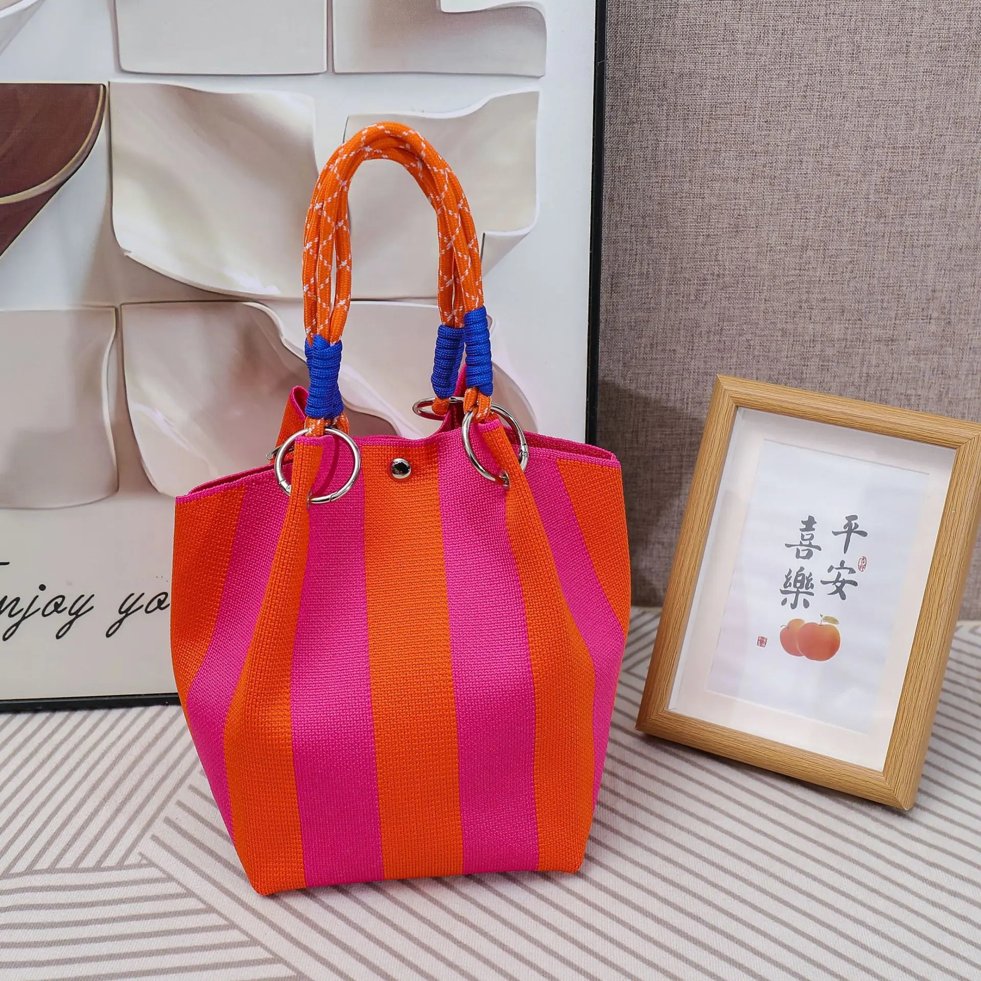 Striped handbag - Large capacity storage bag, versatile multi-color handbag, stylish bucket bag