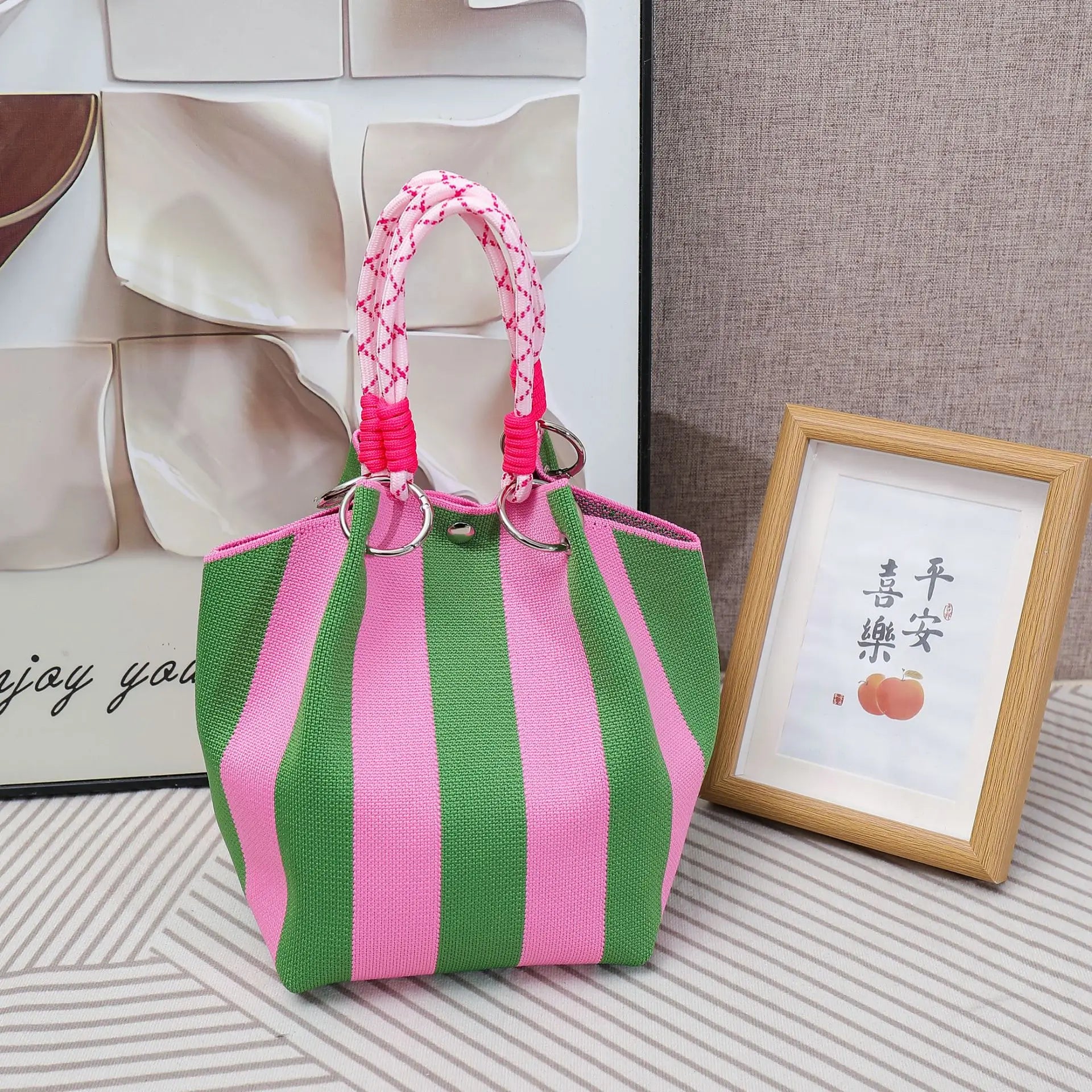 Striped handbag - Large capacity storage bag, versatile multi-color handbag, stylish bucket bag