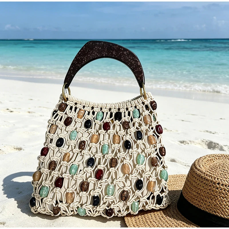 Retro Hand-woven Hollow Beaded Handbag For Women High-end Luxury Elegant Handbag European American Fashion Lady Beach Bags